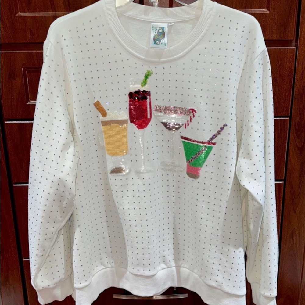 🍸🍹Queen Of Sparkles L Holiday Cocktails Sequin & Rhinestones Sweatshirt EUC